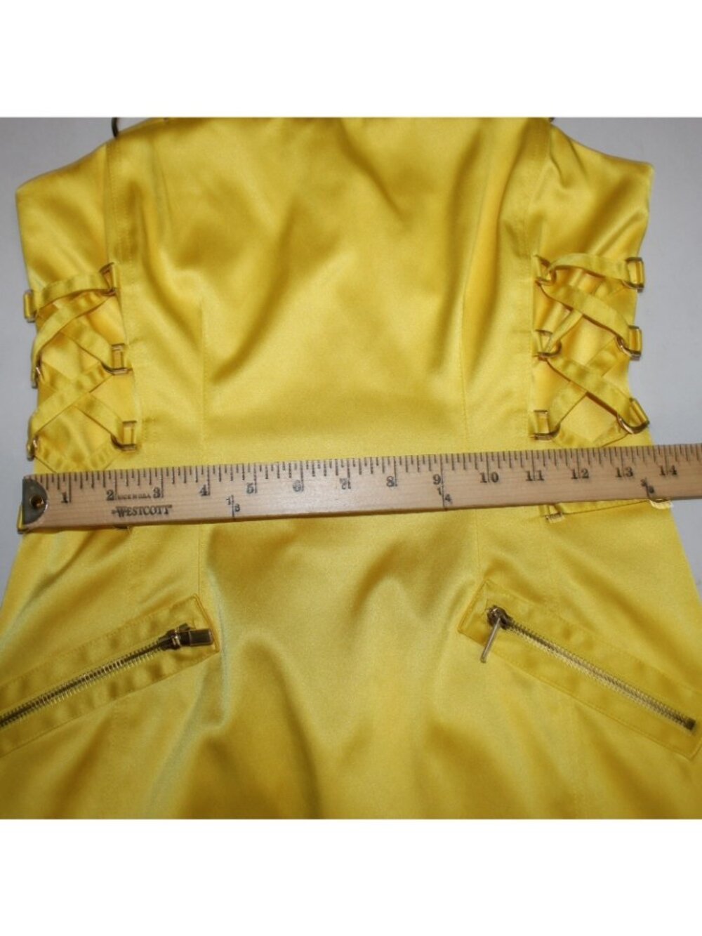 Cache Dress Sz 4 Yellow Faux Pockets Lace Up Side Poly Cotton Spandex Dress - Picture 9 of 10